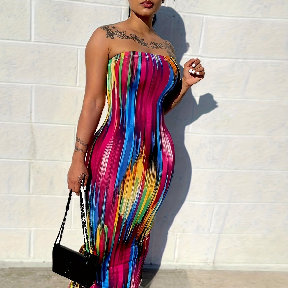 vlovelaw  Colorful Printing Tube Dress, Sexy Off Shoulder Bodycon Maxi Dress, Women's Clothing