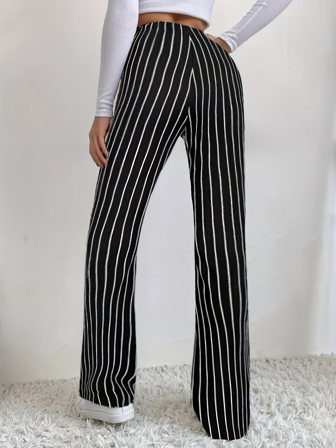 Striped Print Flared Leg Pants, Elegant Elastic Waist Slim Pants, Women's Clothing