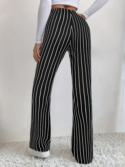 Striped Print Flared Leg Pants, Elegant Elastic Waist Slim Pants, Women's Clothing