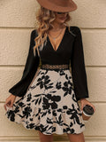 Floral Print Lace Splicing Dress, Elegant Lantern Sleeve Ruffle Trim Dress, Women's Clothing