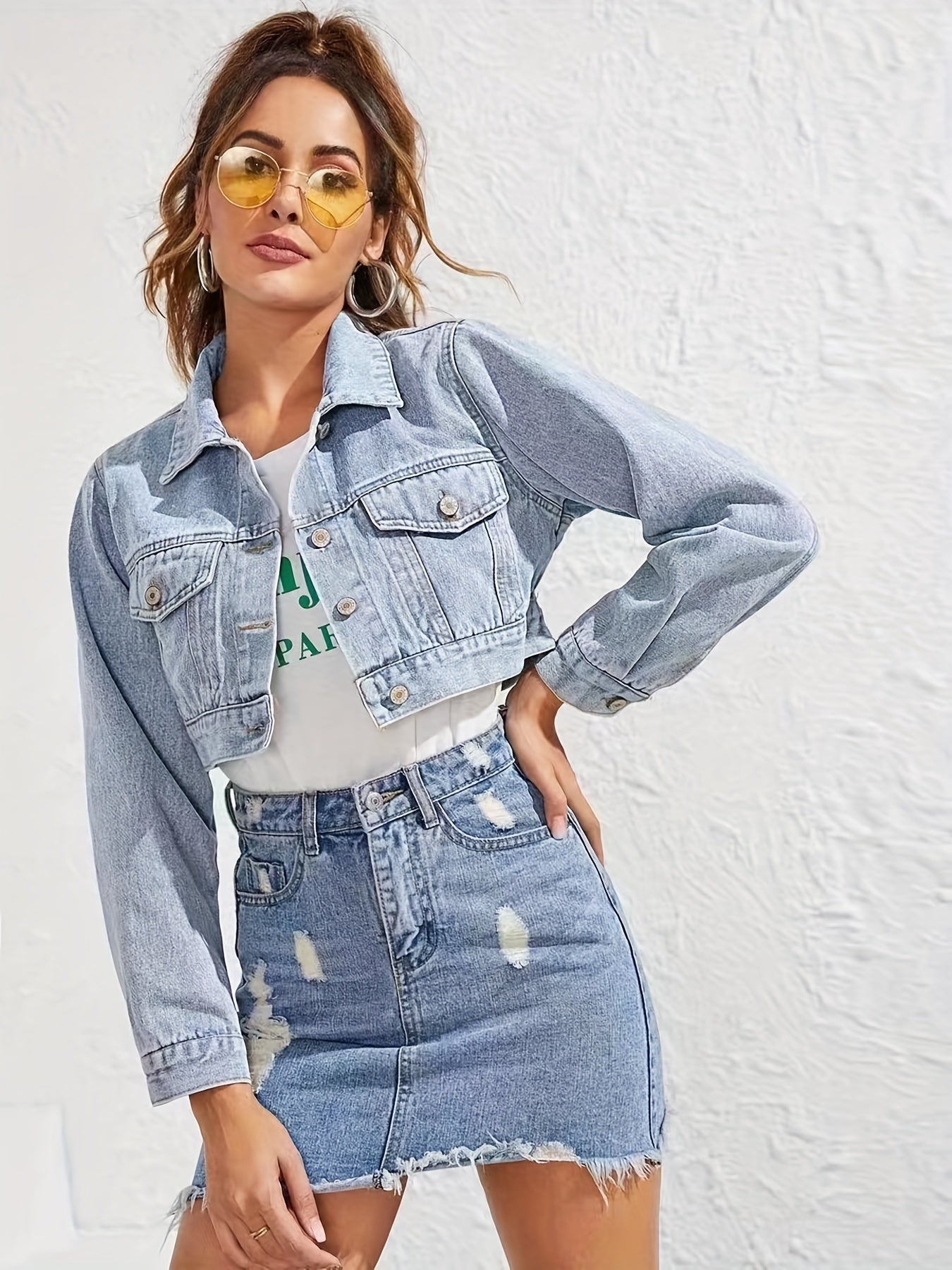 vlovelaw  Blue Long Sleeves Denim Jackets, Flap Pockets Single-Breasted Button Lapel Cropped Denim Coats, Women's Denim Clothing