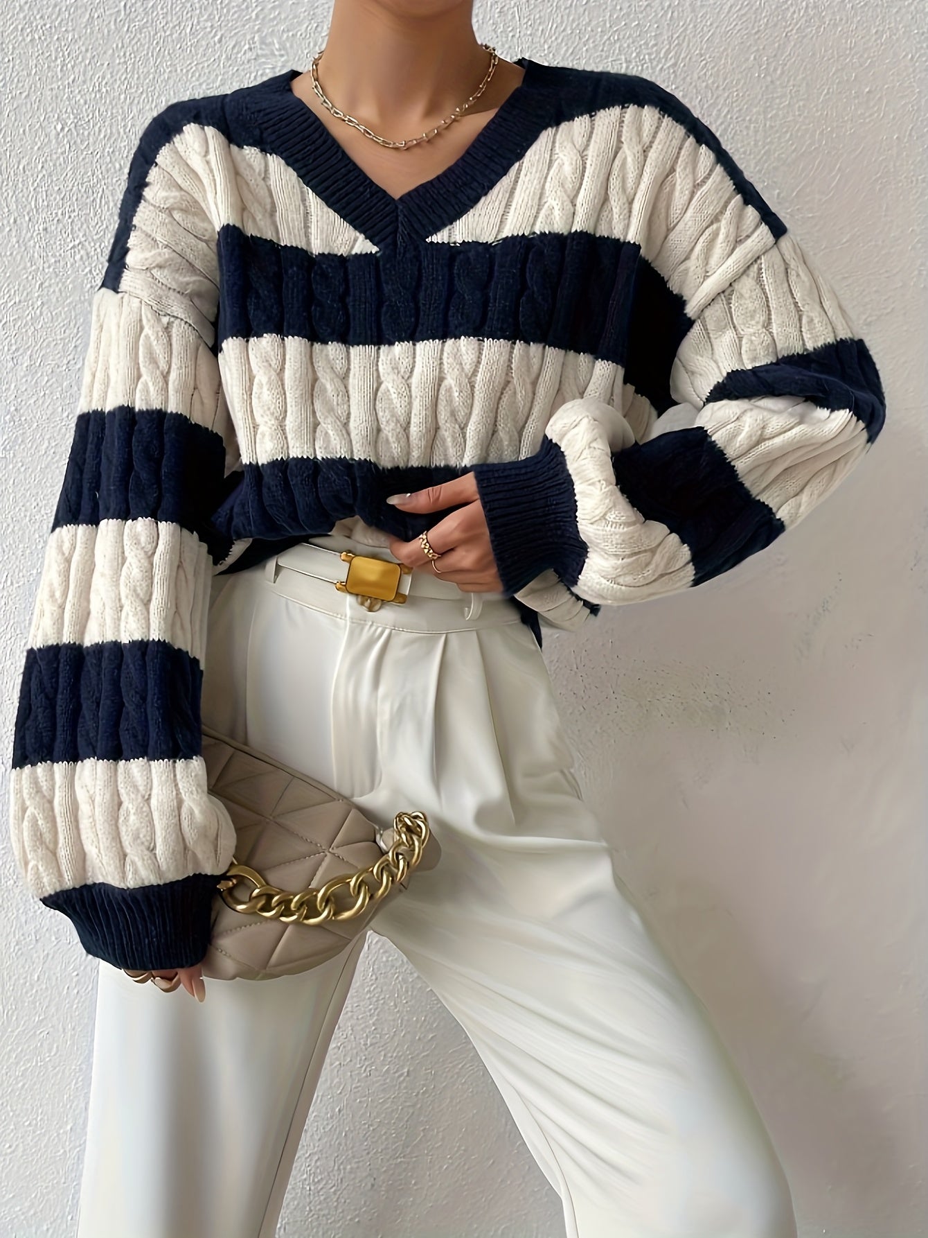 vlovelaw Color Block Cable Knit Sweater, Casual V Neck Long Sleeve Sweater, Women's Clothing