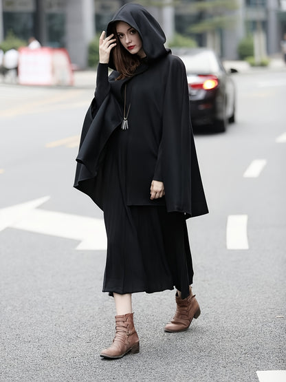 Plus Size Elegant Coat, Women's Plus Solid Split Cape Sleeve Button Detail Hooded Shawl Coat