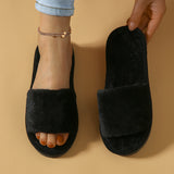 Winter Plush Open Toe Slippers, Solid Color Cozy & Warm Slip On Shoes, Comfy Indoor Floor Slippers