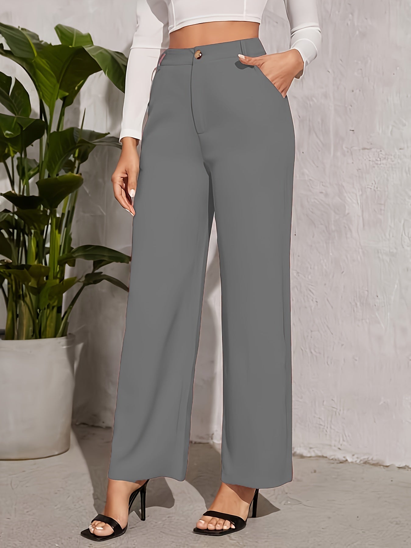 vlovelaw  Solid High Waist Trousers, Straight Leg Dual Pockets Pants For Work & Office, Women's Clothing