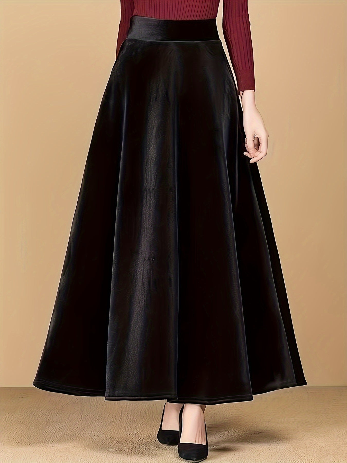 vlovelaw Plus Size Elegant Skirt, Women's Plus Solid Velvet Elastic High Rise Swing Maxi Skirt