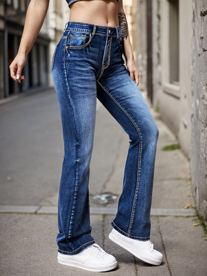 vlovelaw  Leisure Bell Bottom Jeans, High Stretch Slim Fitted Denim Pants With Slant Pocket, Women's Denim Jeans & Clothing