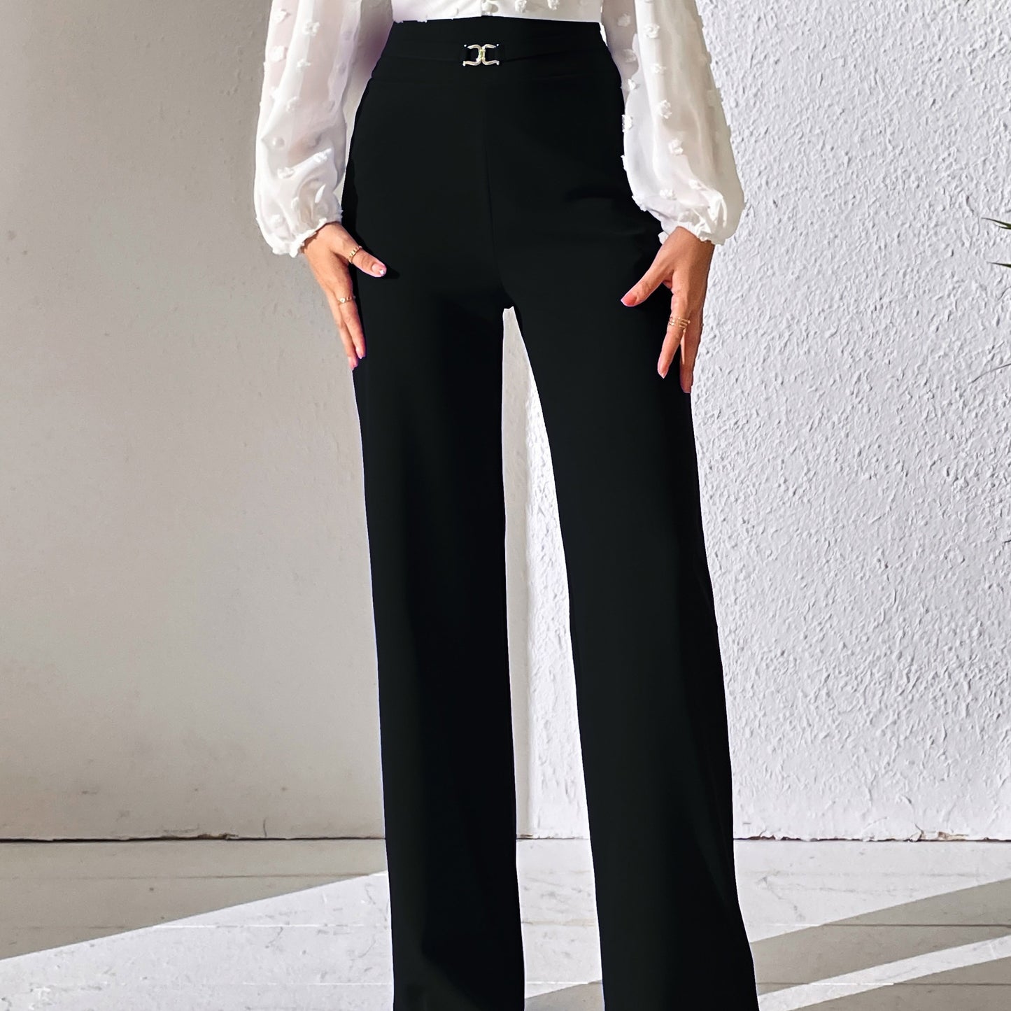 vlovelaw High Waist Tailored Pants, Elegant Solid Wide Leg Work Office Pants For Spring & Summer, Women's Clothing