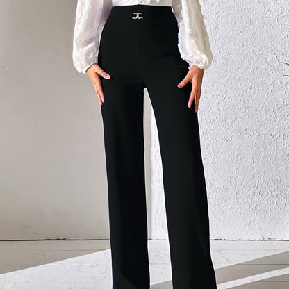 vlovelaw High Waist Tailored Pants, Elegant Solid Wide Leg Work Office Pants For Spring & Summer, Women's Clothing