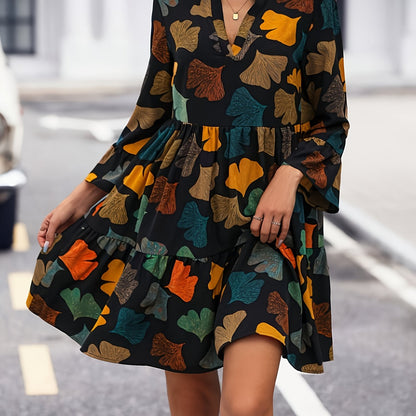 vlovelaw  Colorful Leaf Print V Neck Dress, Casual Cinched Waist Long Sleeve Tiered Dress, Women's Clothing