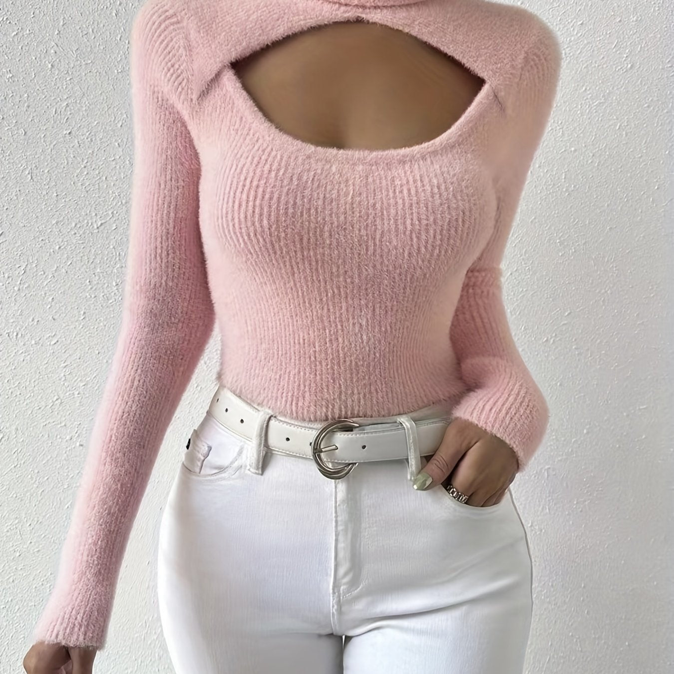 vlovelaw Cut Out Turtleneck Knit Sweater, Sexy Solid Long Sleeve Sweater, Women's Clothing