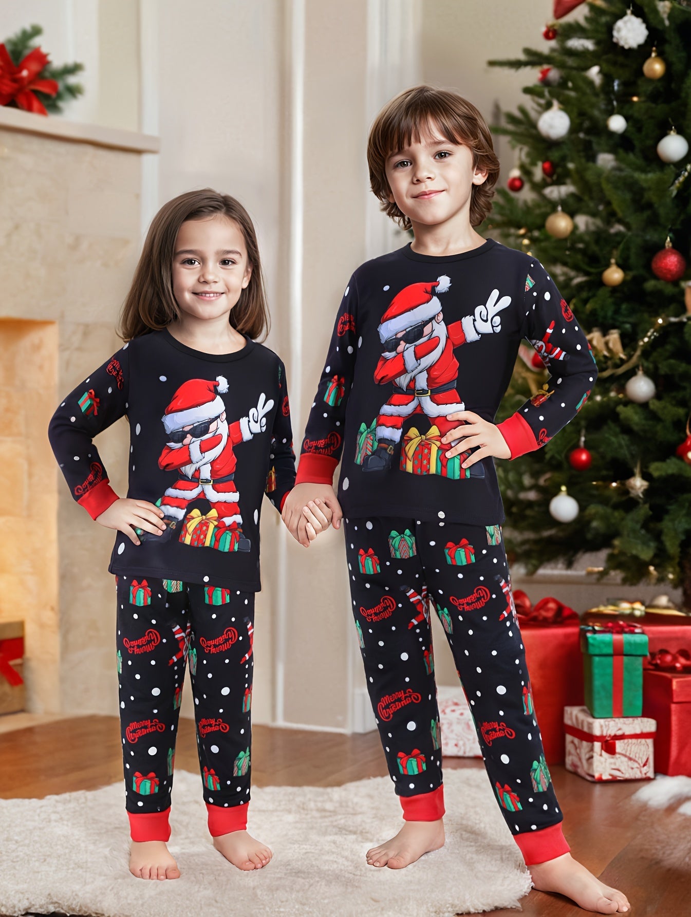 Fire-resistant fabric 2pcs Christmas brother and sister pajamas spring and autumn style printed cartoon Santa hat long-sleeved round neck sweater long pants comfortable suit can be used as the best gift