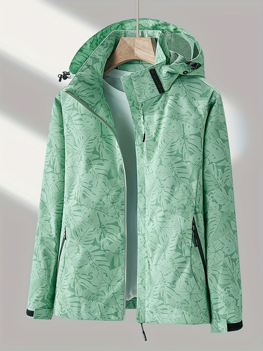 vlovelaw  Leaf Print Outdoor Jacket With Removable Hood, Women's Windproof & Rainproof Jacket, Women's Outdoor Clothing