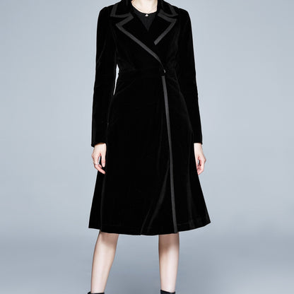 Contrast Trim Lapel Trench Coat, Elegant Long Sleeve Velvet Outwear For Fall & Winter, Women's Clothing