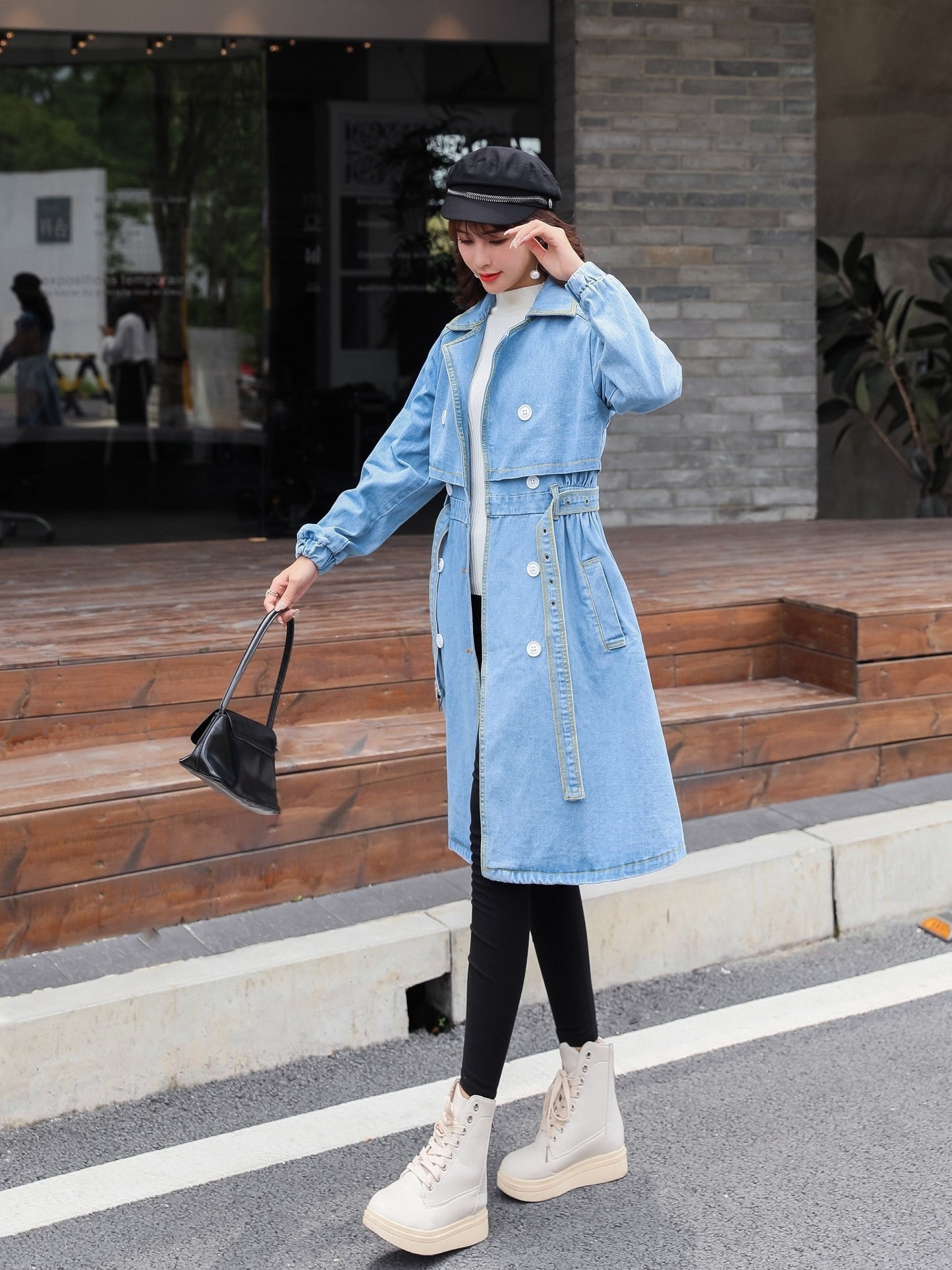 vlovelaw  Blue Loose Fit Long Denim Jackets, Long Sleeves Non-Stretch With Waistband Lapel Denim Coats, Women's Denim Clothing