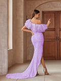 vlovelaw  Sequined Layered Ruffle Trim Dress, Elegant Mesh Slant Shoulder Split Floor Length Dress For Party & Banquet, Women's Clothing