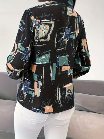 Abstract Print Tie Neck Blouse, Casual Long Sleeve Work Office Blouse, Women's Clothing