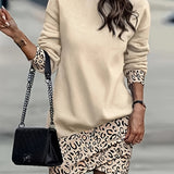 vlovelaw Leopard Print Contrast Trim Dress, Casual High Neck Long Sleeve Dress, Women's Clothing