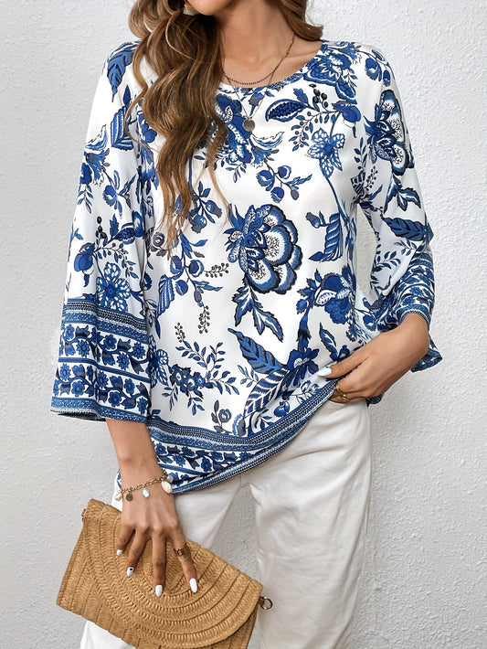 vlovelaw  Blue And White Porcelain Print Blouse, Casual Crew Neck Loose Sleeve Blouse, Women's Clothing