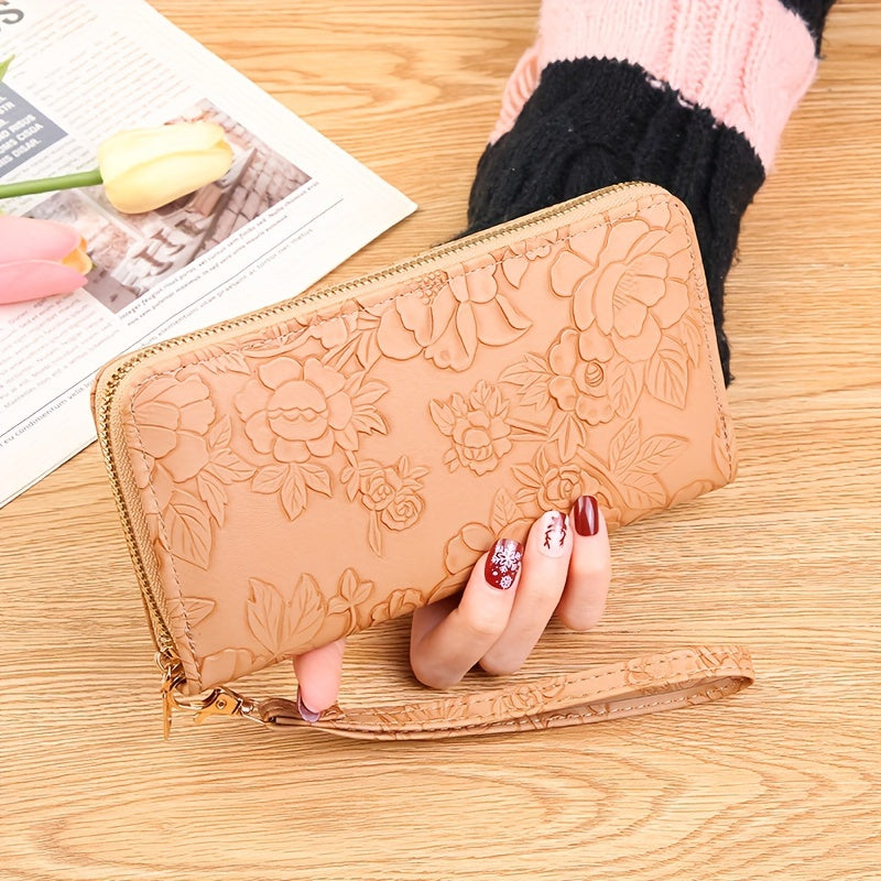 Fashionable Floral Embossed Womens Long Wallet - Durable PU Leather with Multiple Card Slots, Phone Wristlet & Coin Purse - Perfect for Stylish On-the-Go Fashionistas