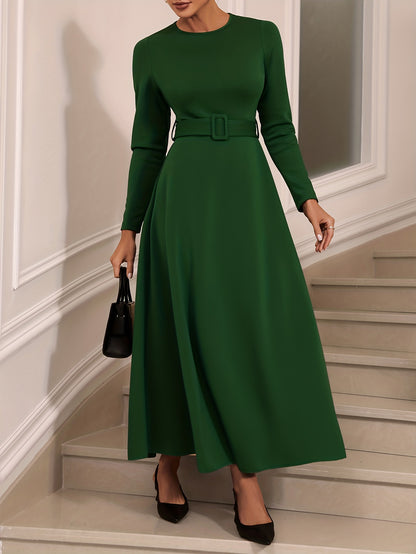 Solid Long Sleeve Belt Dress, Elegant Crew Neck Dress For Spring & Fall, Women's Clothing