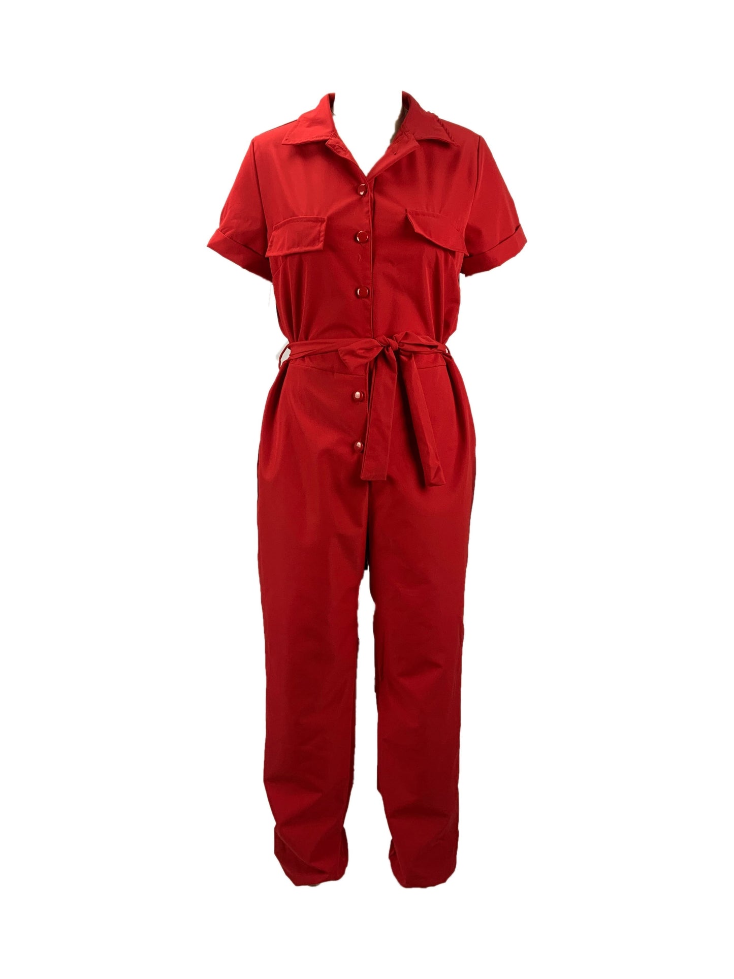 vlovelaw  Y2K Solid Lapel Button Down Short Sleeve Tie Waist Cargo Jumpsuit, Casual Long Length Pockets Rompers Overalls, Women's Clothing