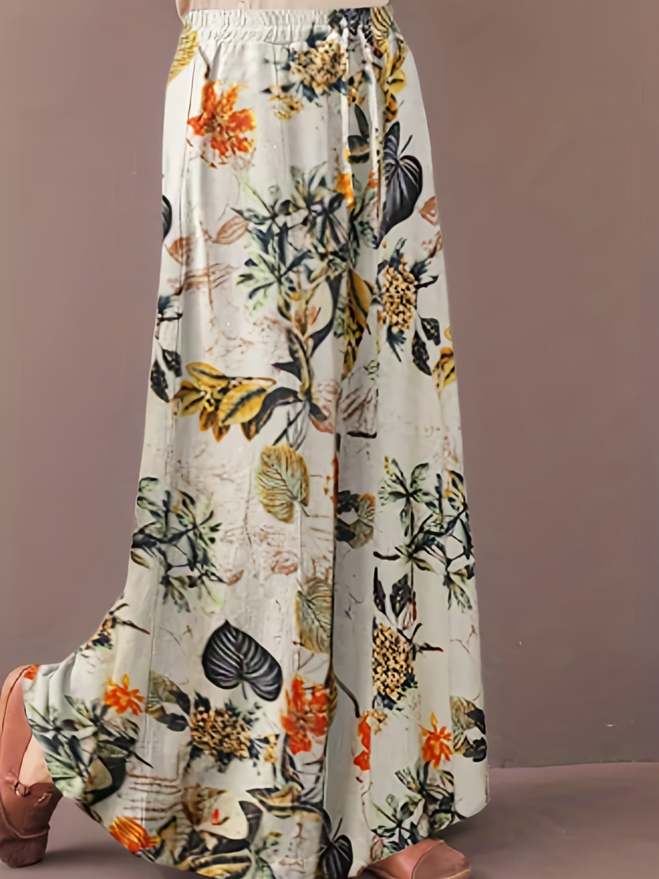 Plus Size Elegant Pants, Women's Plus Floral Print Drawstring Elastic Wide Leg Pants