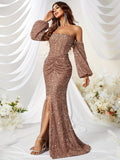 vlovelaw  Sequined Ruched Split Off Shoulder Dress, Elegant Lantern Sleeve Maxi Dress For Party & Banquet, Women's Clothing