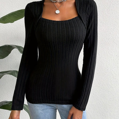 vlovelaw Solid Square Neck Slim T-Shirt, Versatile Long Sleeve T-Shirt For Spring & Fall, Women's Clothing