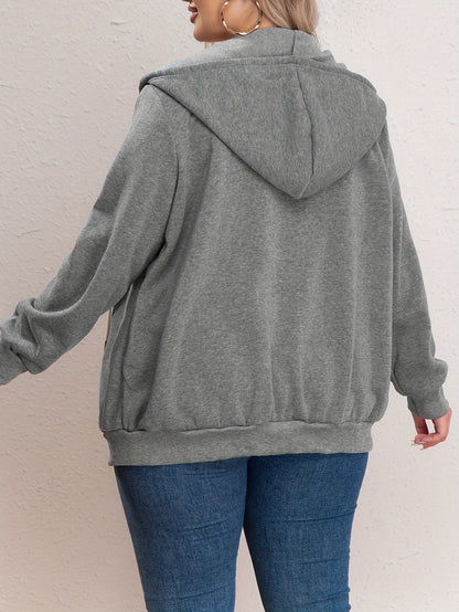 vlovelaw  Plus Size Casual Sweatshirt, Women's Plus Solid Zipper Front Long Sleeve Drawstring Hooded Sweatshirt