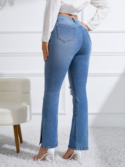 vlovelaw  Side Split Ripped Holes Flare Jeans, Button Zipper Fly Washed Casual Denim Pants, Women's Denim Jeans & Clothing