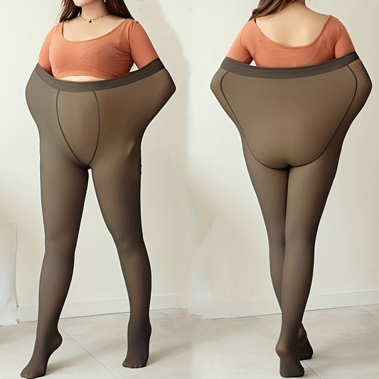 Women's Plus Casual Tights, Plus Size Solid High Waist Fake Translucent Warm Fleece Leggings Pantyhose For Fall & Winter