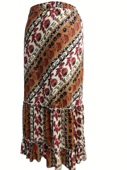 Plus Size Retro Skirt, Women's Plus Tribal Print Ruffle Trim Pleated Smock Maxi Skirt