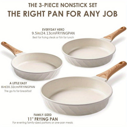 3-Piece Nonstick Frying Pan Set - Premium Natural Smooth Ceramic Coating, PFOA & PFOS Free, Durable, Easy Cleaning, Heat Distribution - Beige/Multicolor Cookware, 8", 9.5" & 11" Sizes