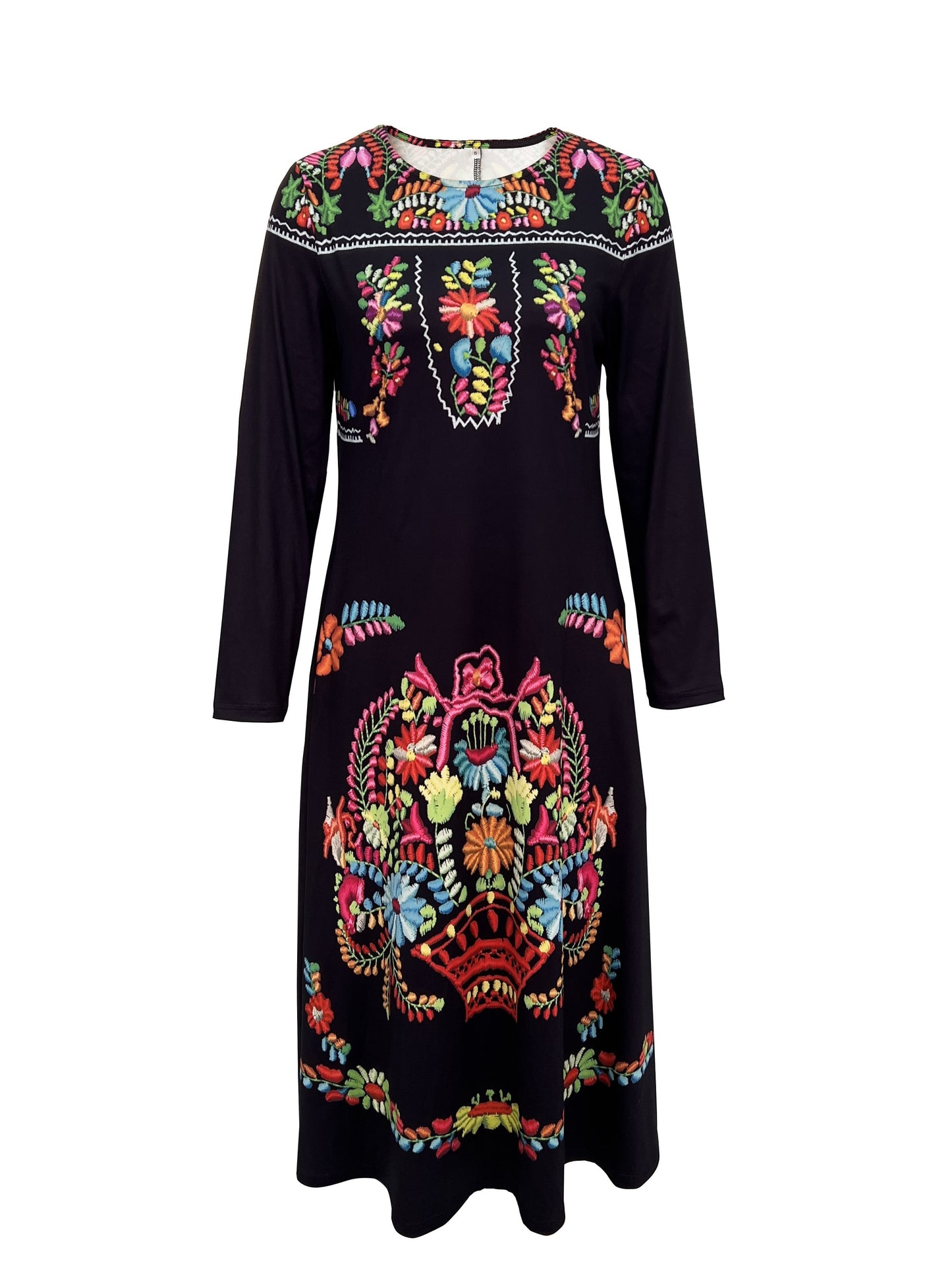 Ethnic Pattern Dress, Casual Crew Neck Long Sleeve Dress, Women's Clothing