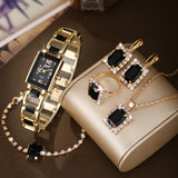 6 Pcs Black Square Rhinestone Quartz Watch Zinc Alloy Strap Zinc Alloy Pointer Zinc Alloy Case And Rhinestone Bracelet Necklace Earrings Ring Jewelry For Women