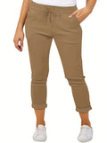 vlovelaw  Plus Size Casual Pants, Women's Plus Solid Drawstring Roll Up Hem Slight Stretch Pants