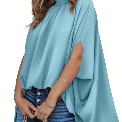 vlovelaw Solid Batwing Sleeve Blouse, Casual Ruched High Collar Loose Blouse, Women's Clothing