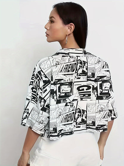 Cartoon Print Button Front Shirt, Elegant Short Sleeve Crop Shirt, Women's Clothing