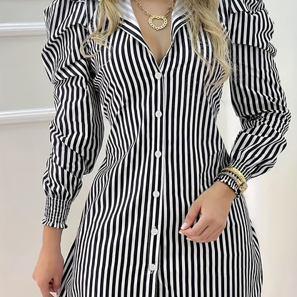 vlovelaw  Striped Print Mini Dress, Casual Button Front Puff Long Sleeve Dress, Women's Clothing