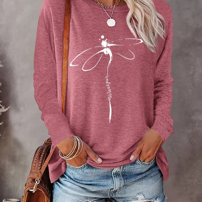 vlovelaw Dragonfly Print Crew Neck Pullover Sweatshirt, Casual Long Sleeve Sweatshirt For Spring & Fall, Women's Clothing