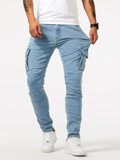 vlovelawSlim Fit Multi Pocket Jeans, Men's Casual Street Style High Stretch Denim Cargo Pants