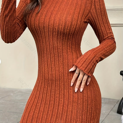 vlovelaw Solid Ribbed Lettuce Trim Dress, Elegant Long Sleeve Bodycon Dress, Women's Clothing