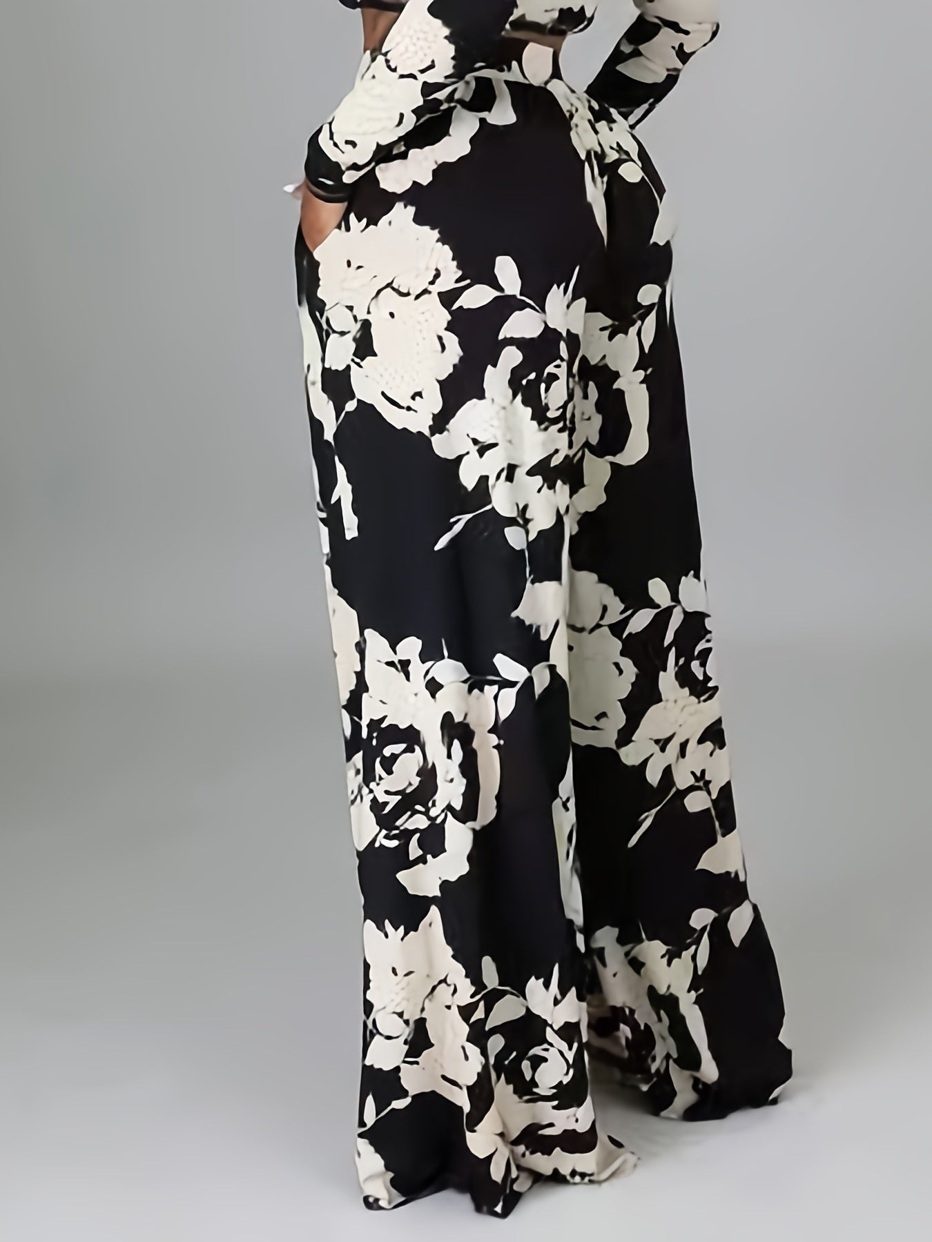 vlovelaw Plus Size Elegant Pants, Women's Plus Floral Print Elastic High Rise High Stretch Wide Leg Trousers With Pockets