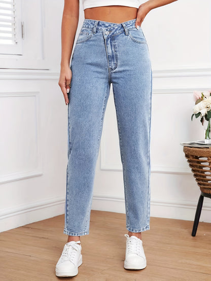 vlovelaw  Overlap Leisure Tapered Jeans, Slash Pocket Trendy Loose Denim Pants, Women's Denim Jeans & Clothing