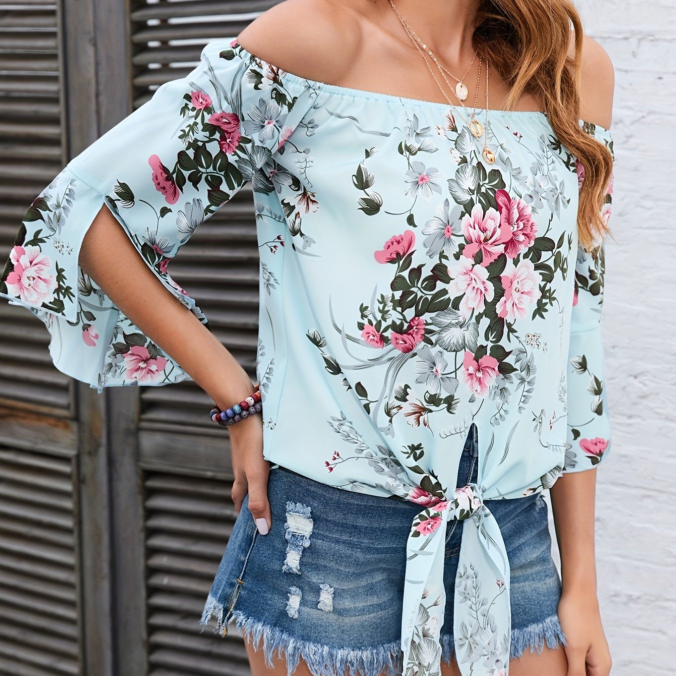 vlovelaw  Floral Print Off Shoulder Blouse, Casual Half Sleeve Blouse For Spring & Summer, Women's Clothing