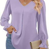 vlovelaw Solid V-neck Simple Blouse, Versatile Lantern Sleeve Blouse For Spring & Fall, Women's Clothing