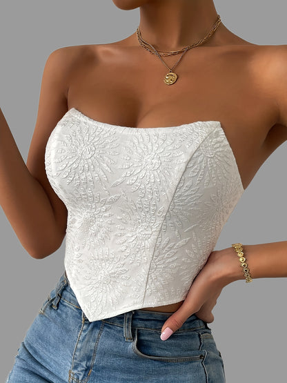 vlovelaw  Floral Pattern Solid Tube Top, Casual Off Shoulder Hanky Hem Tube Top, Women's Clothing