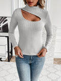 vlovelaw Cutout Ribbed Turtleneck T-Shirt, Casual Long Sleeve Top For Spring & Fall, Women's Clothing