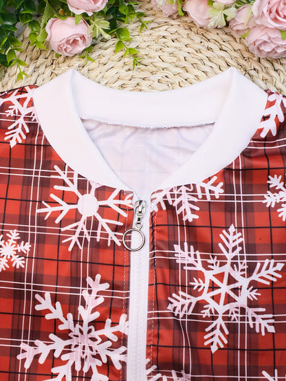 Chic Christmas Red Plaid & Snowflake Zip-Up Jacket - Casual Long Sleeve Outerwear for Women, Perfect for Spring & Fall